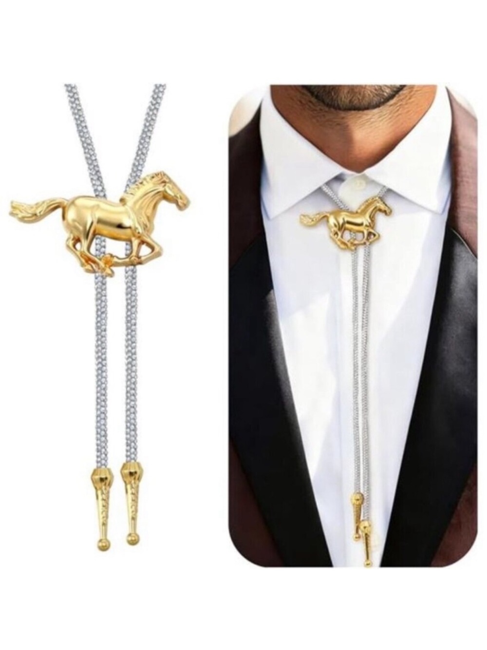 Gold Horse Rhinestone Bolo Tie Men & Women Western Cowboy Leather Rope Necktie
